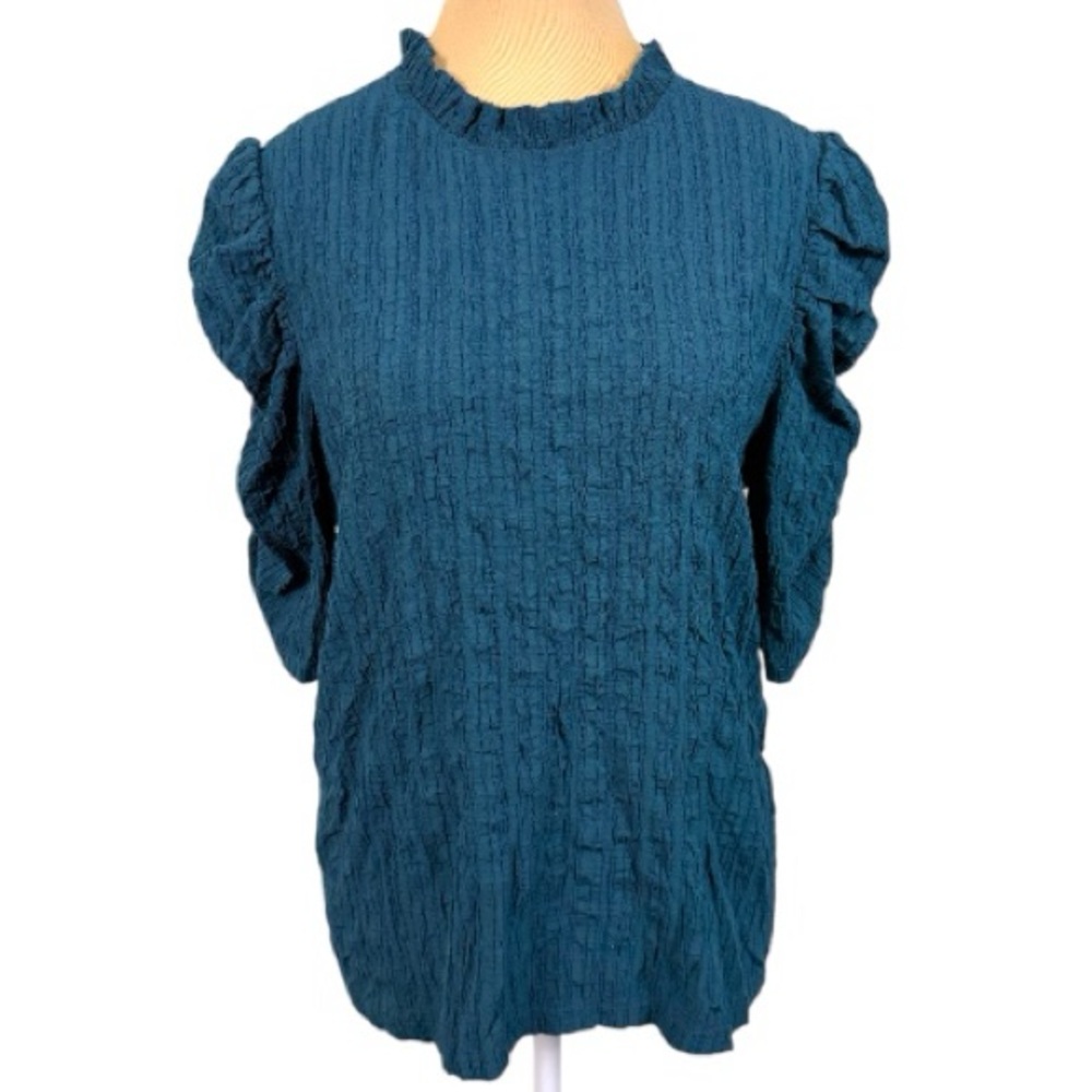 THML Teal Smocked Ruffle Puff Sleeve Blouse Top Size Medium Boho EUC